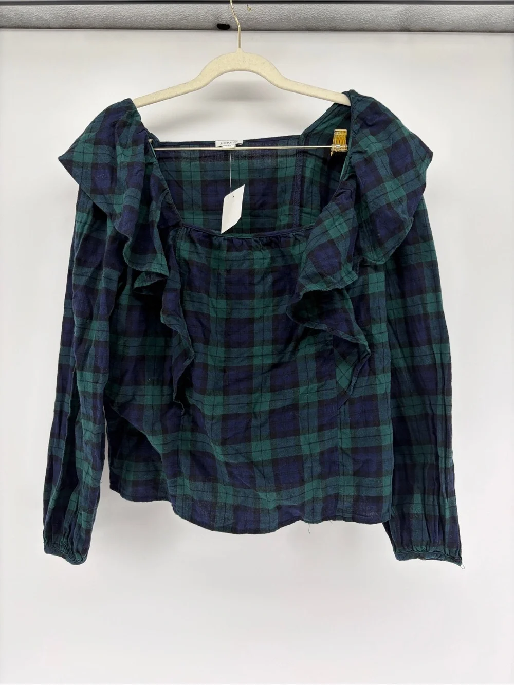 NWT J. Crew Tartan Plaid Ruffle-Trim Square Neck Cotton Long Sleeve Top Soft M